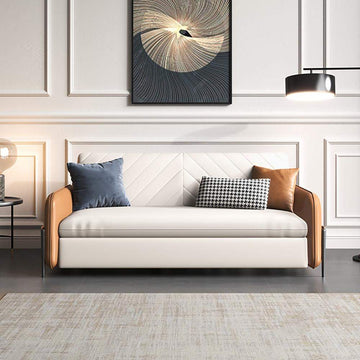 67" Brown & White Convertible Sofa Bed Leath-aire Upholstered with Storage Pocket-Richsoul-Daybeds,Furniture,Living Room Furniture